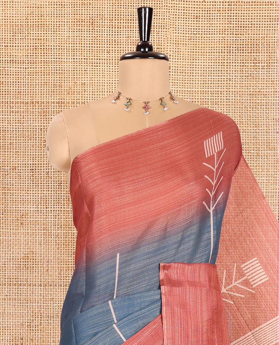Blue Tissue Saree, Elevated with Horizontal Stripes and Unique Motifs Printed All Over Its Body, Complemented by Contrast Printed Border, Pallu Depicts Geometric Patterns, and Paired with a Contrast Geometric Printed Blouse - Image 2