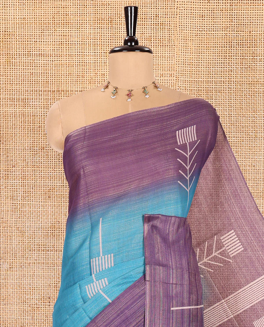 Blue Tissue Saree, Highlighted with Horizontal Stripes and Unique Motifs Printed All Over Its Body, Complemented by Contrast Printed Border, Pallu Depicts Geometric Patterns, and Paired with a Contrast Geometric Printed Blouse - Image 2