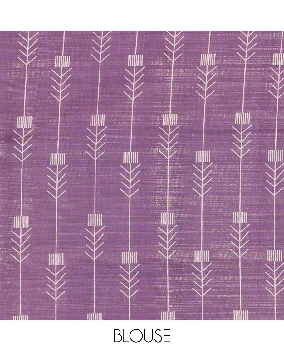 Blue Tissue Saree, Highlighted with Horizontal Stripes and Unique Motifs Printed All Over Its Body, Complemented by Contrast Printed Border, Pallu Depicts Geometric Patterns, and Paired with a Contrast Geometric Printed Blouse - Image 3