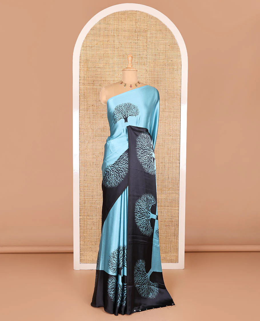 Blue tree motifs digitally printed Gajji silk saree with contrast printed border of upside down tree motifs, and contrast printed blouse - Image 2