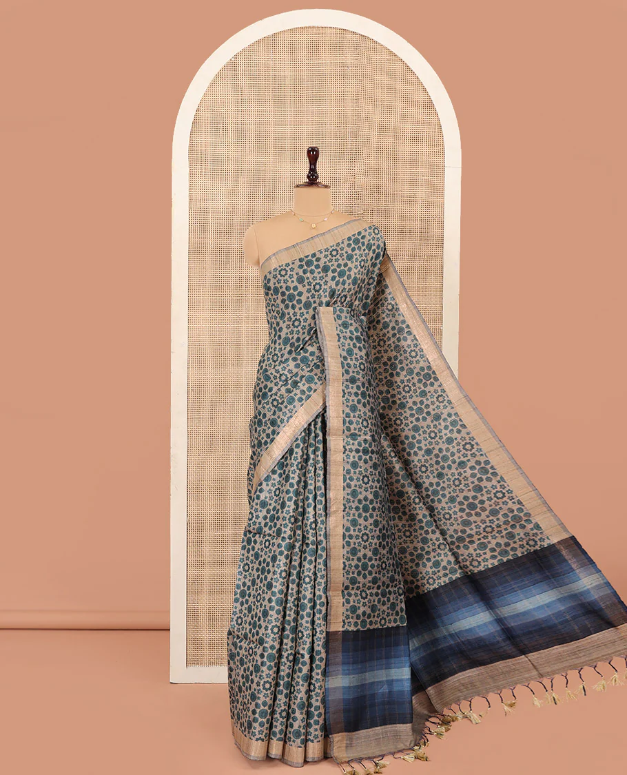 Blue Tussar Silk Saree, Adorned with Floral-Geometric Motifs Printed All Over Its Body, Featuring a Self-Border, Ombre-Style Blue-Shaded Pallu, and Paired with a Contrast Blouse