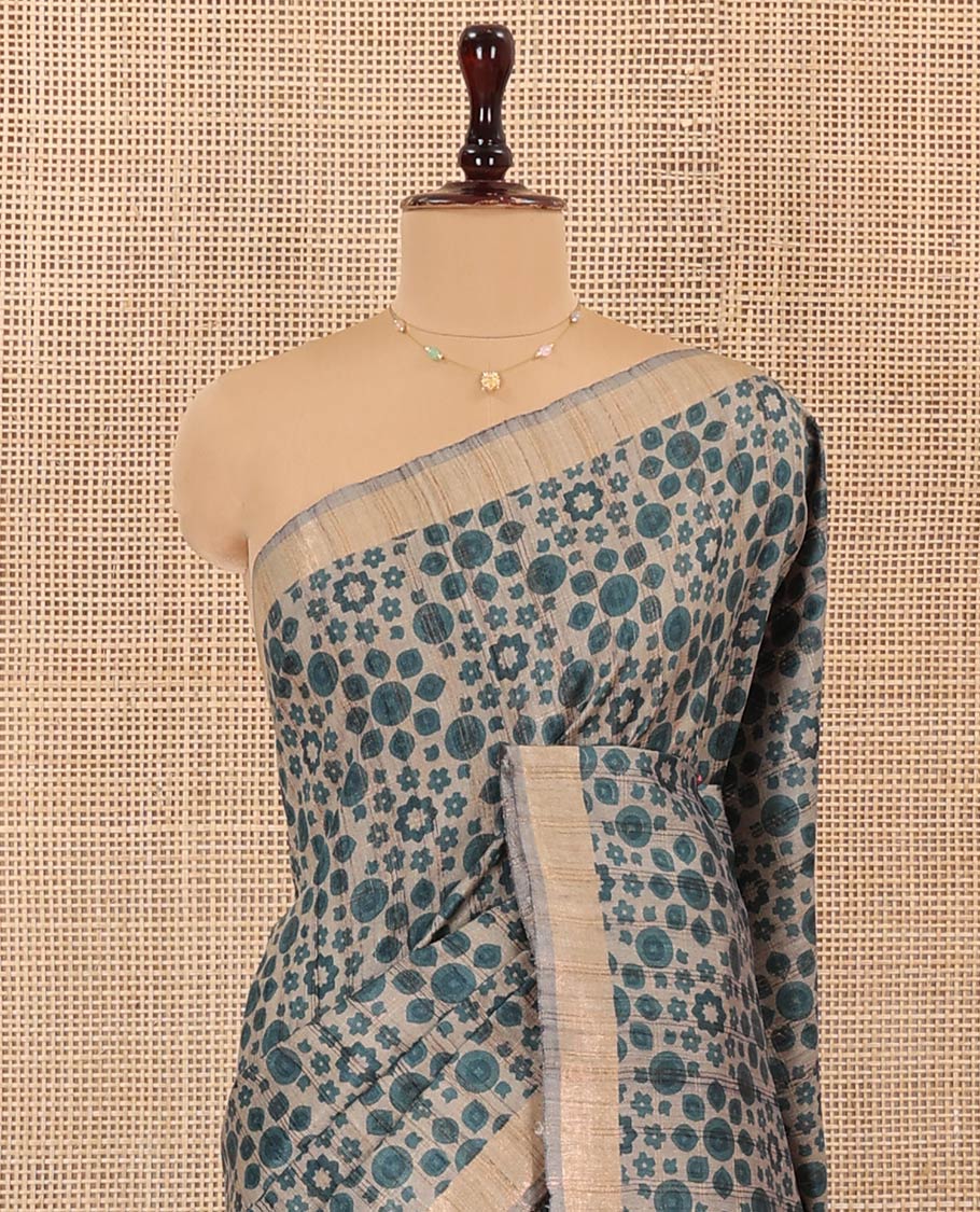 Blue Tussar Silk Saree, Adorned with Floral-Geometric Motifs Printed All Over Its Body, Featuring a Self-Border, Ombre-Style Blue-Shaded Pallu, and Paired with a Contrast Blouse - Image 2