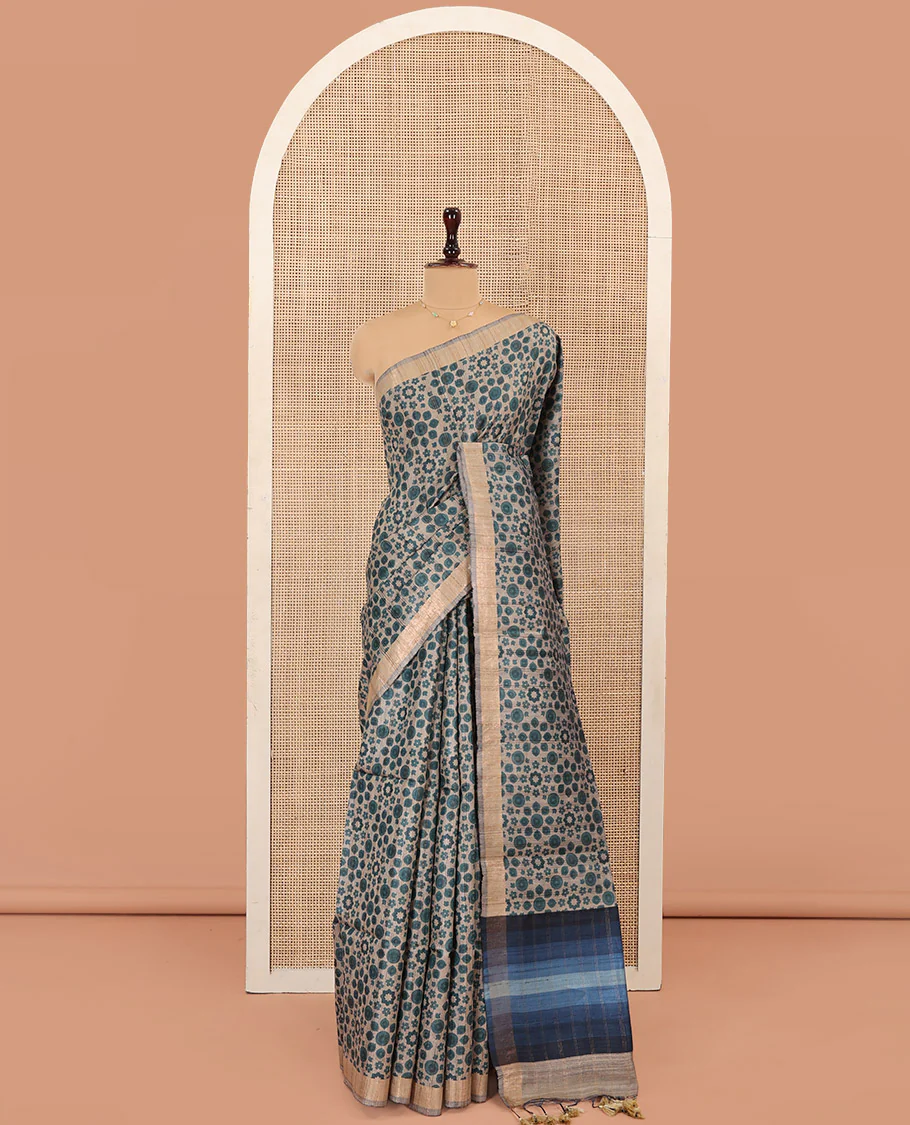 Blue Tussar Silk Saree, Adorned with Floral-Geometric Motifs Printed All Over Its Body, Featuring a Self-Border, Ombre-Style Blue-Shaded Pallu, and Paired with a Contrast Blouse - Image 3
