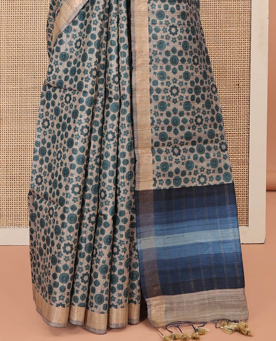 Blue Tussar Silk Saree, Adorned with Floral-Geometric Motifs Printed All Over Its Body, Featuring a Self-Border, Ombre-Style Blue-Shaded Pallu, and Paired with a Contrast Blouse - Image 4