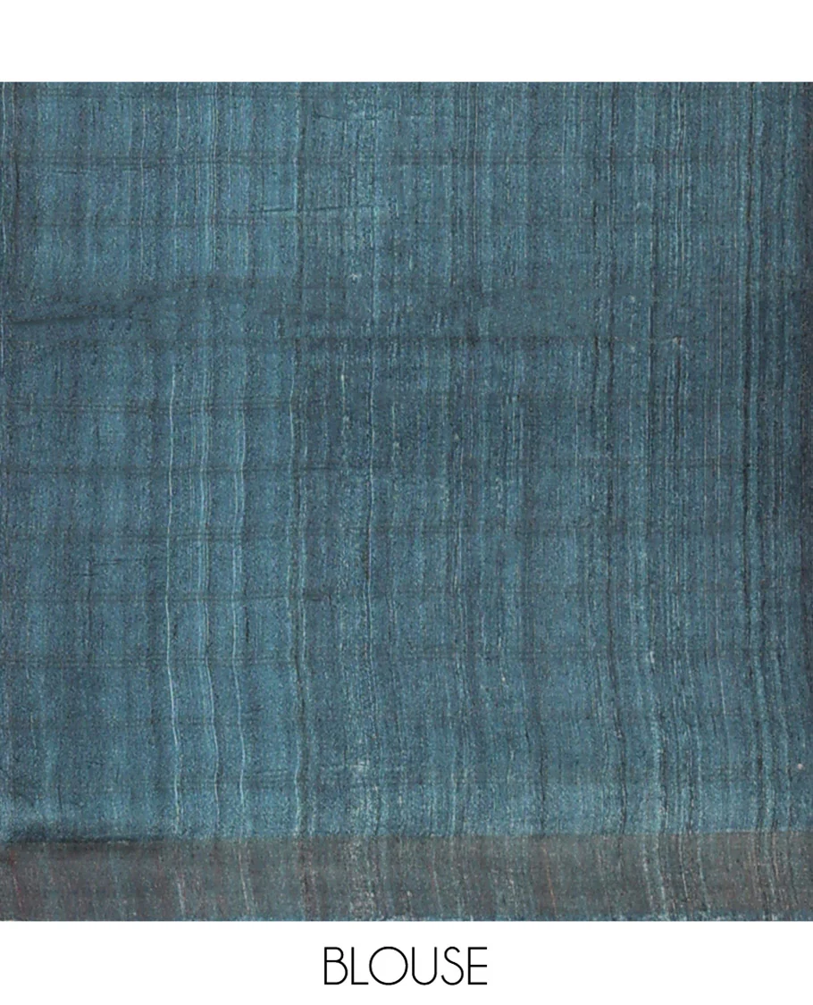 Blue Tussar Silk Saree, Adorned with Floral-Geometric Motifs Printed All Over Its Body, Featuring a Self-Border, Ombre-Style Blue-Shaded Pallu, and Paired with a Contrast Blouse - Image 5