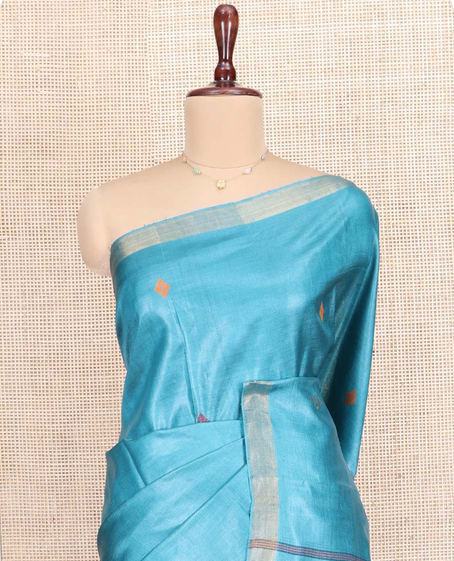 Blue Tussar Silk Saree, Subtly Woven with Multi-Color Diamond Buttas All Over Its Body, Subtle Bavanji Border, Pallu Depicts Animal and Geometric Designs, and Paired with a Matching Blouse - Image 2