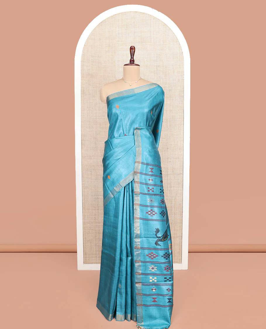 Blue Tussar Silk Saree, Subtly Woven with Multi-Color Diamond Buttas All Over Its Body, Subtle Bavanji Border, Pallu Depicts Animal and Geometric Designs, and Paired with a Matching Blouse - Image 3