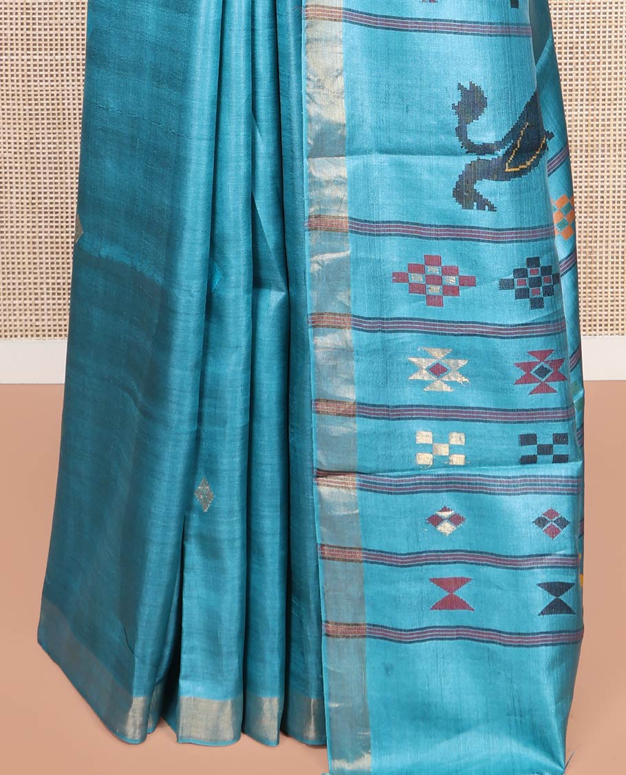 Blue Tussar Silk Saree, Subtly Woven with Multi-Color Diamond Buttas All Over Its Body, Subtle Bavanji Border, Pallu Depicts Animal and Geometric Designs, and Paired with a Matching Blouse - Image 4