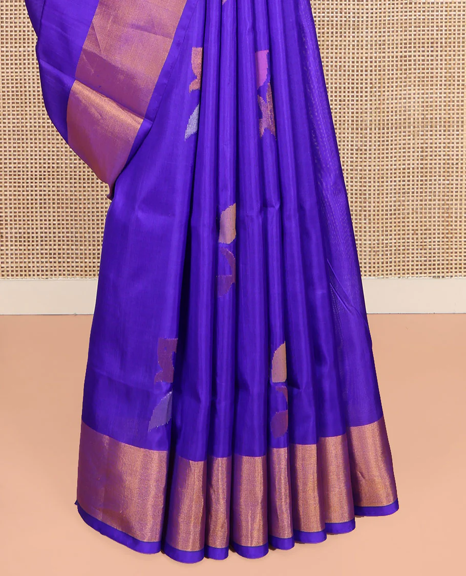 Violet Uppada Silk Saree, Adorned with Meena Floral Buttas on Its Body, Highlighted by Zari Bavanji Border, Pallu Steeped with Meena Floral Buttas, and Paired with a Matching Blouse - Image 4
