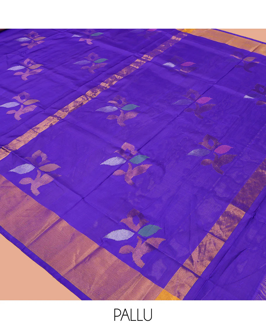 Violet Uppada Silk Saree, Adorned with Meena Floral Buttas on Its Body, Highlighted by Zari Bavanji Border, Pallu Steeped with Meena Floral Buttas, and Paired with a Matching Blouse - Image 5