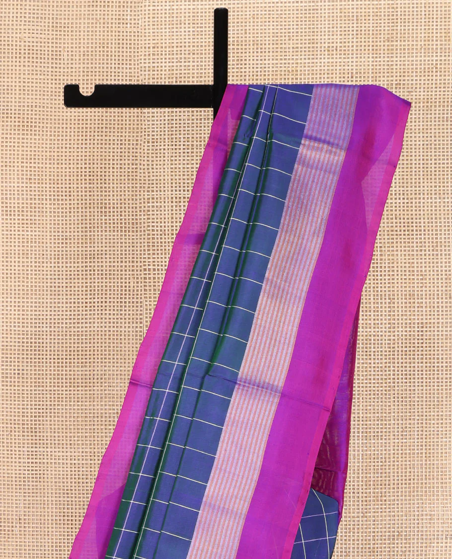 Blue Uppada Silk Saree, Beautified with Checked Designs All Over Its Body, Complemented by a Contrast Border of Stripes, Plain Pallu, and Paired with a Contrast Blouse - Image 3