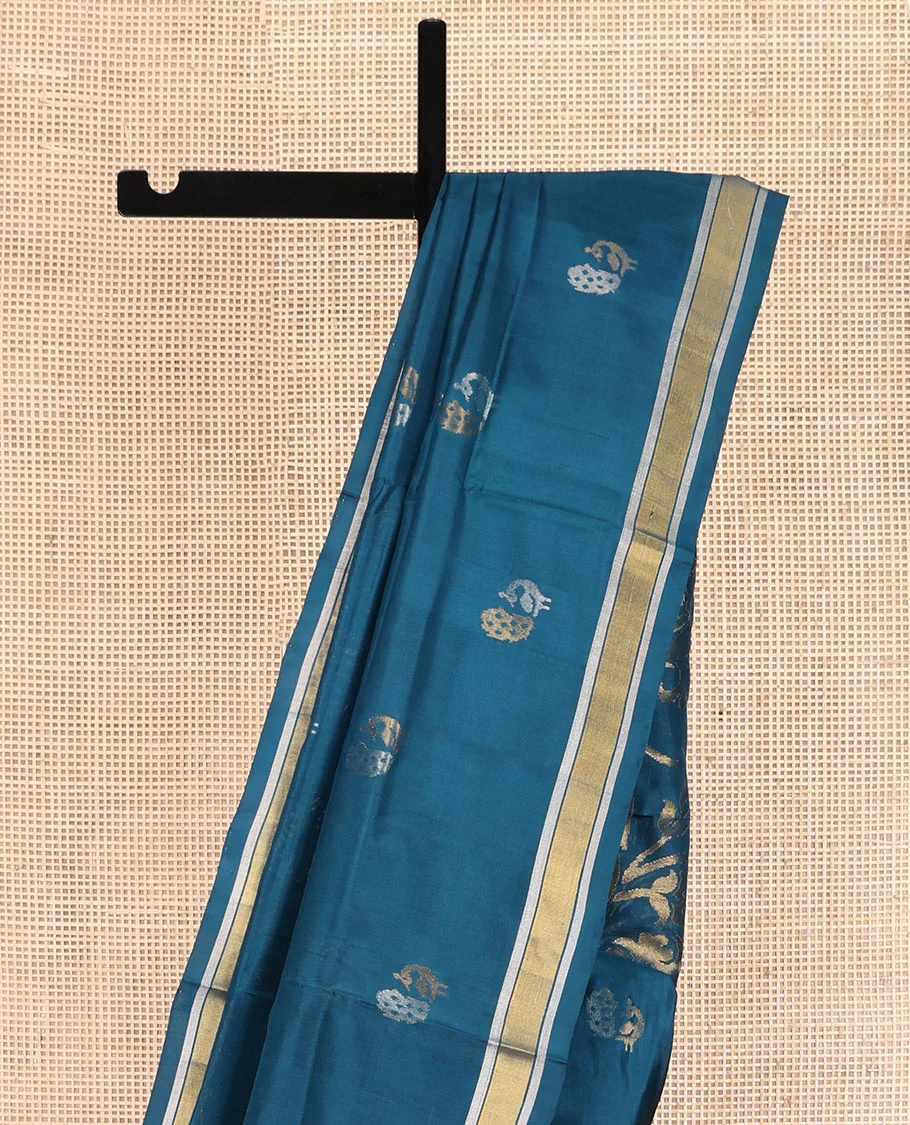 Blue Uppada Silk Saree, Enriched with Peacock Buttas All Over Its Body, Highlighted by a Zari Border, Pallu of Floral Vine Designs, and Paired with a Matching Blouse - Image 3