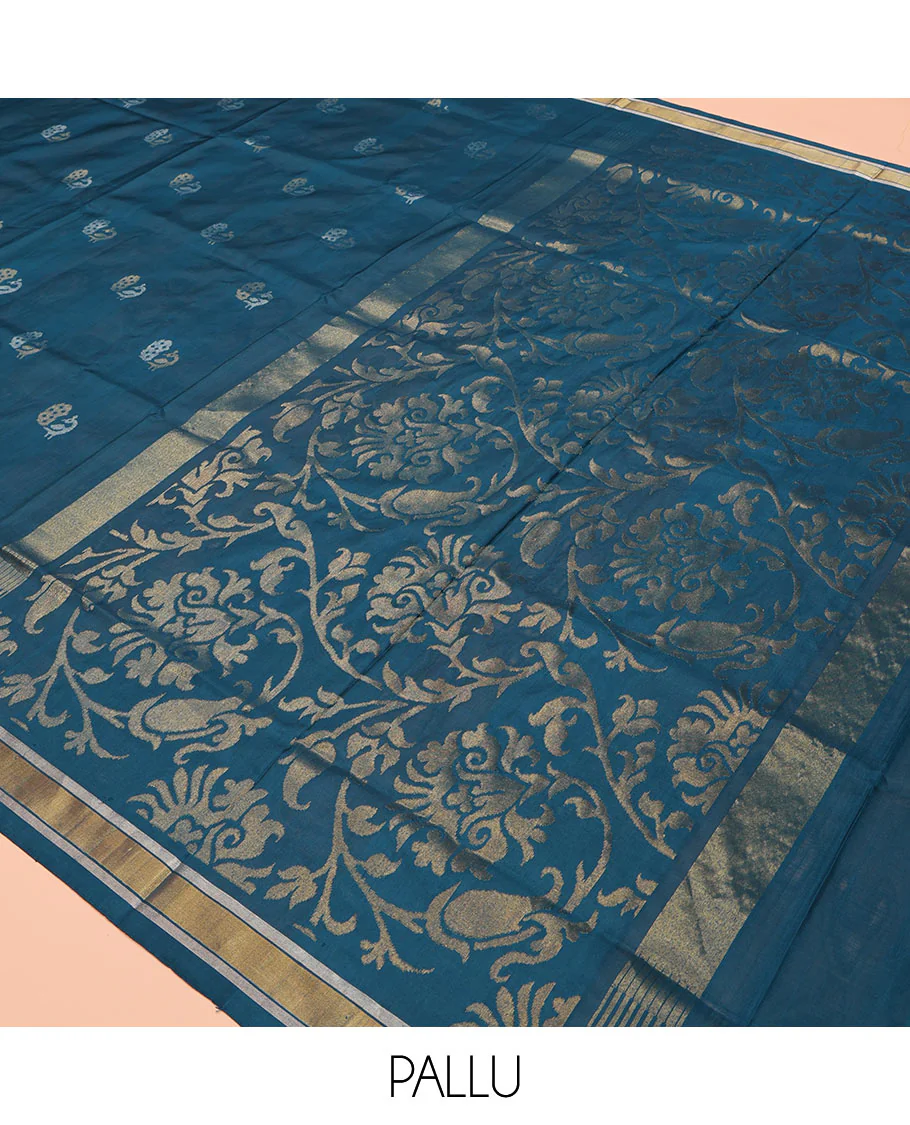 Blue Uppada Silk Saree, Enriched with Peacock Buttas All Over Its Body, Highlighted by a Zari Border, Pallu of Floral Vine Designs, and Paired with a Matching Blouse - Image 5