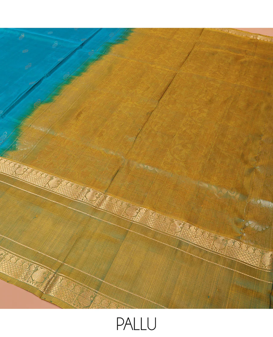 Blue Uppada Silk Saree Graced with Zari Buttas, Complemented by a Contrast Traditional Zari Border of Peacock Veena Designs, Contrast Pallu of Floral Jaal Designs, and Paired with a Contrast Blouse - Image 6
