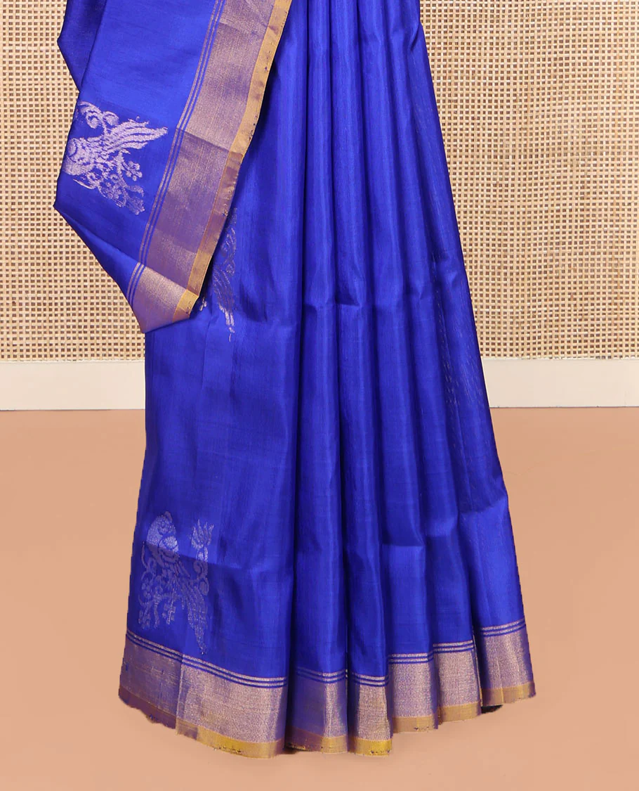 Blue Uppada Silk Saree, Showcasing Parrot Zari Buttas on Its Body, Subtle Zari Border, Complemented by a Contrast Pallu Depicting Parrot Zari Buttas, and Paired with a Contrast Blouse - Image 4