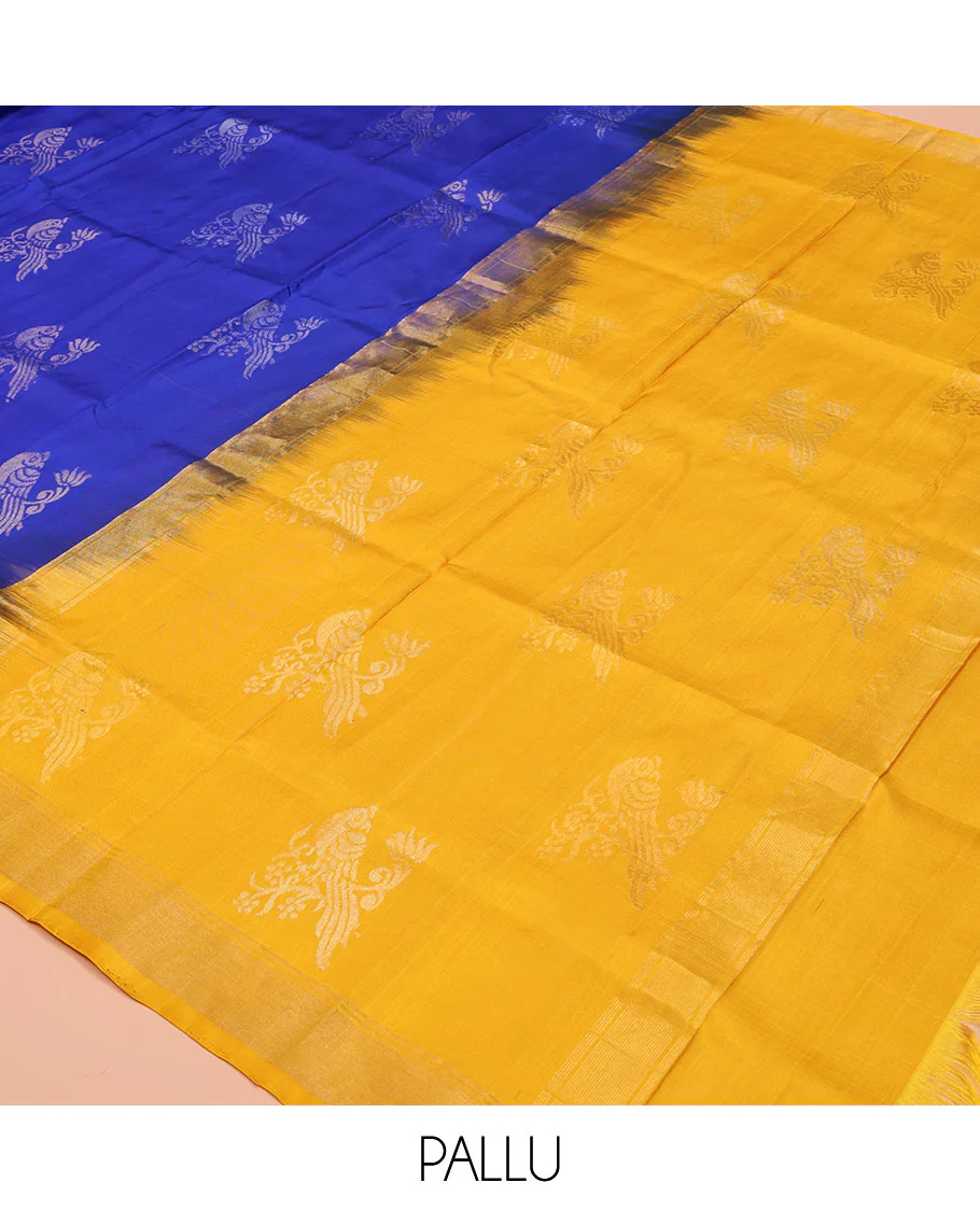 Blue Uppada Silk Saree, Showcasing Parrot Zari Buttas on Its Body, Subtle Zari Border, Complemented by a Contrast Pallu Depicting Parrot Zari Buttas, and Paired with a Contrast Blouse - Image 5
