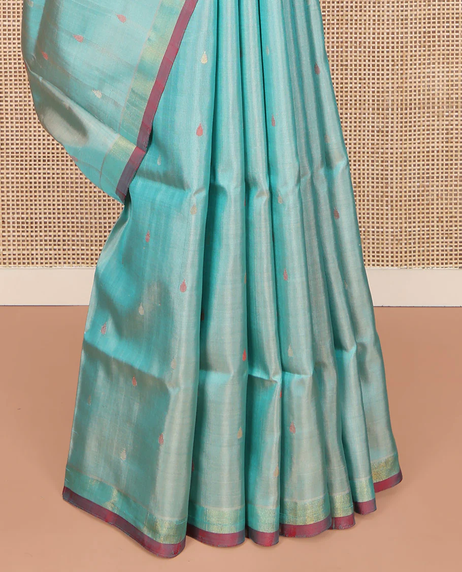 Blue Uppada Silk Saree, Steeped with Meena Buttas All Over Its Body, Subtle Piping Border, Complemented by Contrast Pallu of Floral Jaal Designs, and Paired with a Contrast Blouse - Image 4