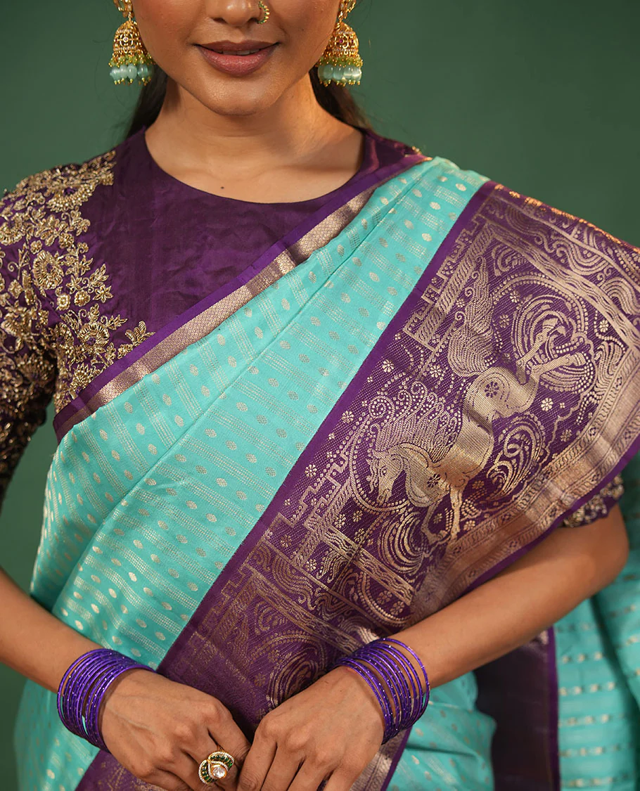 Blue varai oosai and rudraksham buttas Vasundhara silk saree, contrast kuthirai motifs zari woven border, and intricate pallu - Image 2