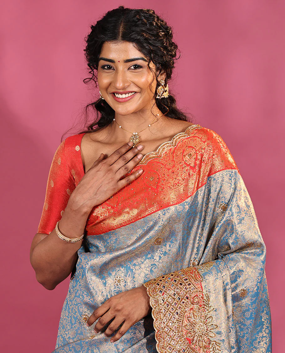 Blue Vastrakala Silk Saree, Adorned with Floral Jacquard and Stone Work, Complemented by Contrast Traditional Zari and Cut Embroidered Scallop Border, Gleaming Grand Zari-Stone Work Pallu, and Paired with Contrast Heavy Stone Embroidered Blouse - Image 3