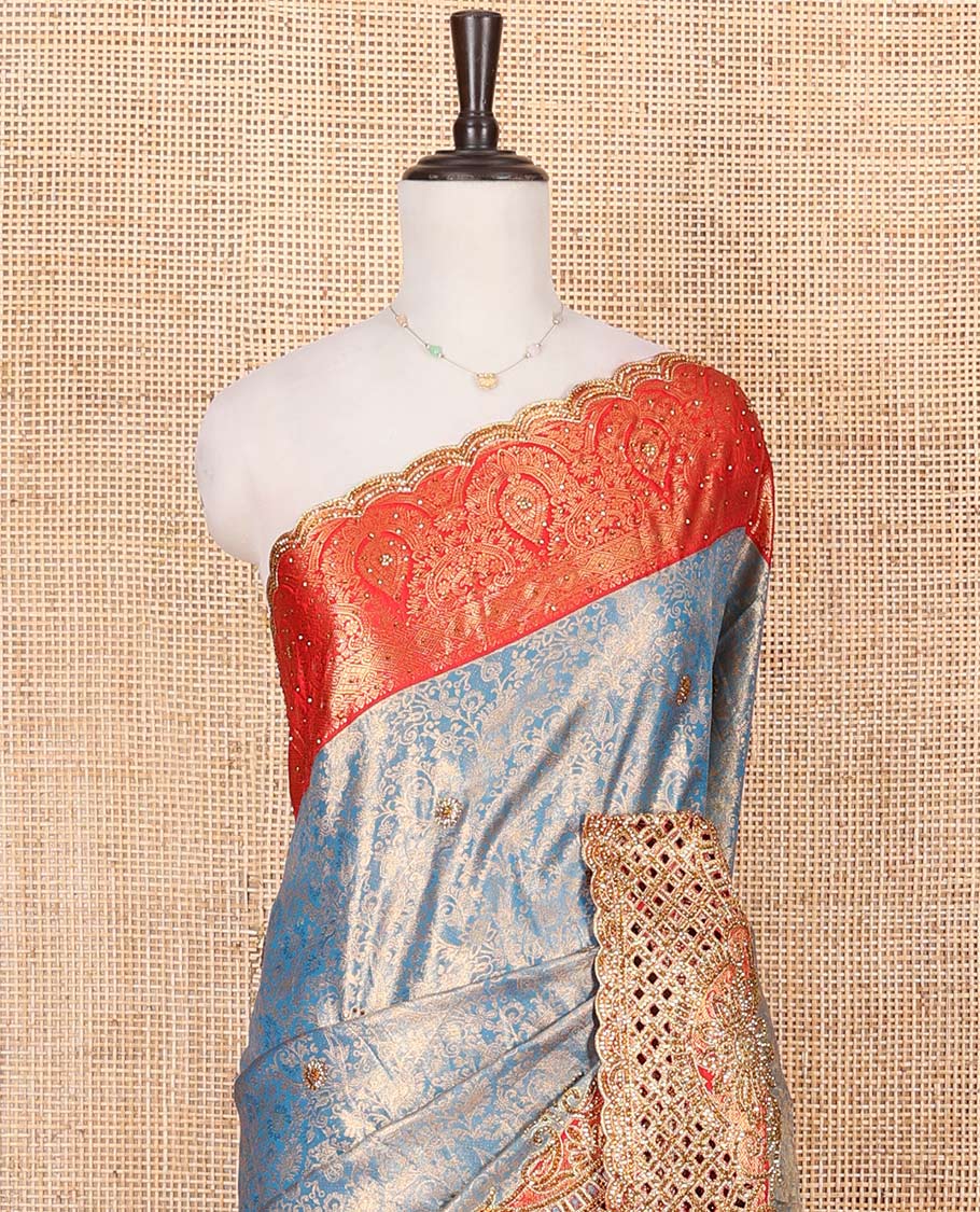 Blue Vastrakala Silk Saree, Adorned with Floral Jacquard and Stone Work, Complemented by Contrast Traditional Zari and Cut Embroidered Scallop Border, Gleaming Grand Zari-Stone Work Pallu, and Paired with Contrast Heavy Stone Embroidered Blouse - Image 6