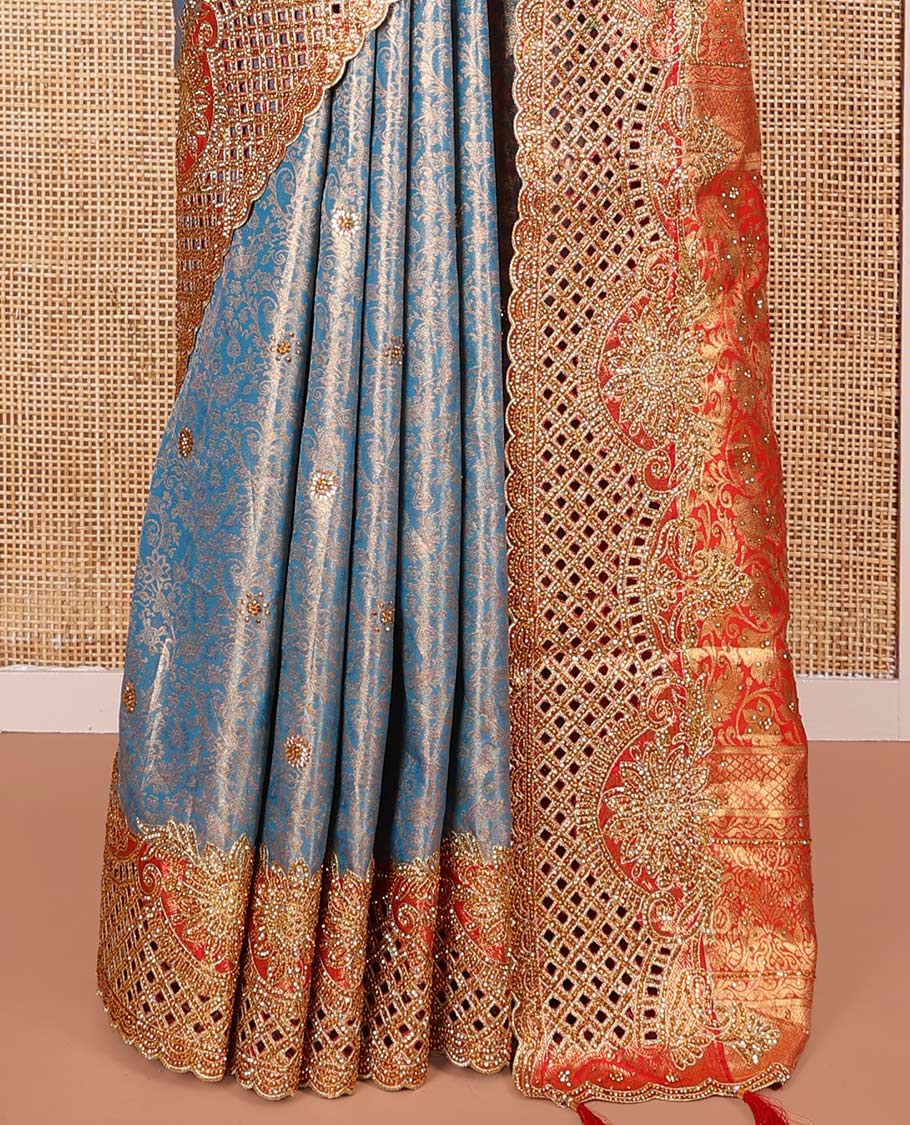 Blue Vastrakala Silk Saree, Adorned with Floral Jacquard and Stone Work, Complemented by Contrast Traditional Zari and Cut Embroidered Scallop Border, Gleaming Grand Zari-Stone Work Pallu, and Paired with Contrast Heavy Stone Embroidered Blouse - Image 8