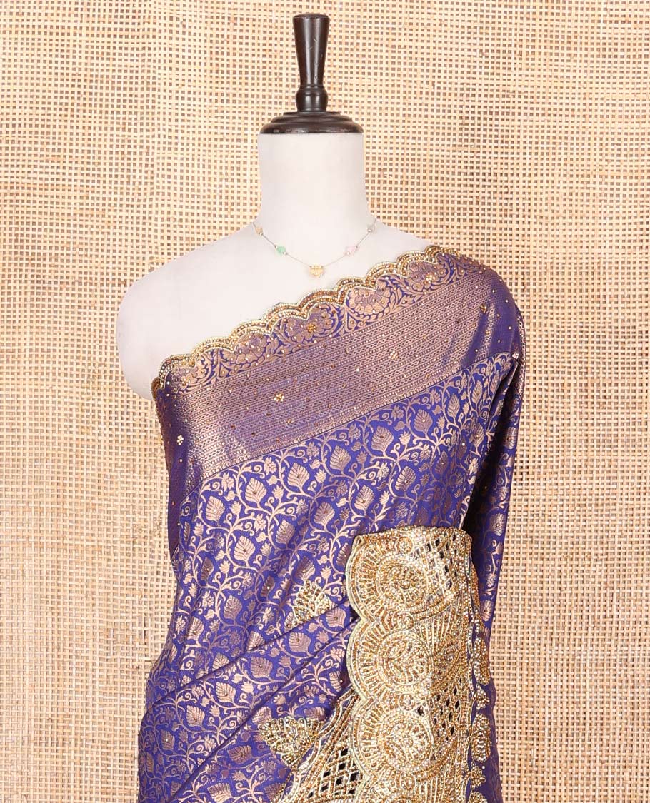 Blue Vastrakala Silk Saree, Artfully Detailed with Jaal Jacquard and Embroidery, Complemented by Traditional Zari and Cut-Embroidered Scallop Border, Grandly Zari and Stone Work Pallu, and Paired with Matching Embroidered Blouse - Image 2