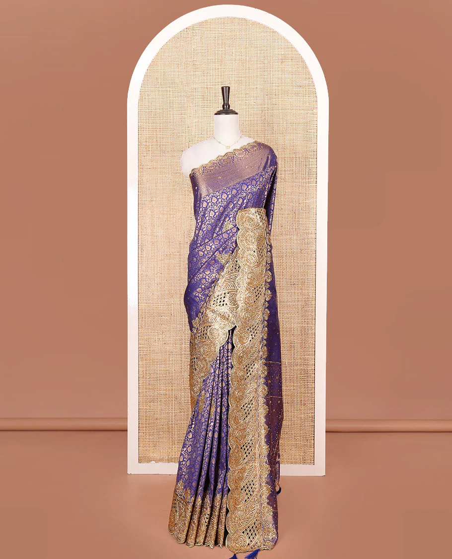 Blue Vastrakala Silk Saree, Artfully Detailed with Jaal Jacquard and Embroidery, Complemented by Traditional Zari and Cut-Embroidered Scallop Border, Grandly Zari and Stone Work Pallu, and Paired with Matching Embroidered Blouse - Image 3