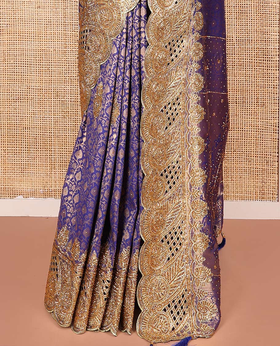 Blue Vastrakala Silk Saree, Artfully Detailed with Jaal Jacquard and Embroidery, Complemented by Traditional Zari and Cut-Embroidered Scallop Border, Grandly Zari and Stone Work Pallu, and Paired with Matching Embroidered Blouse - Image 4