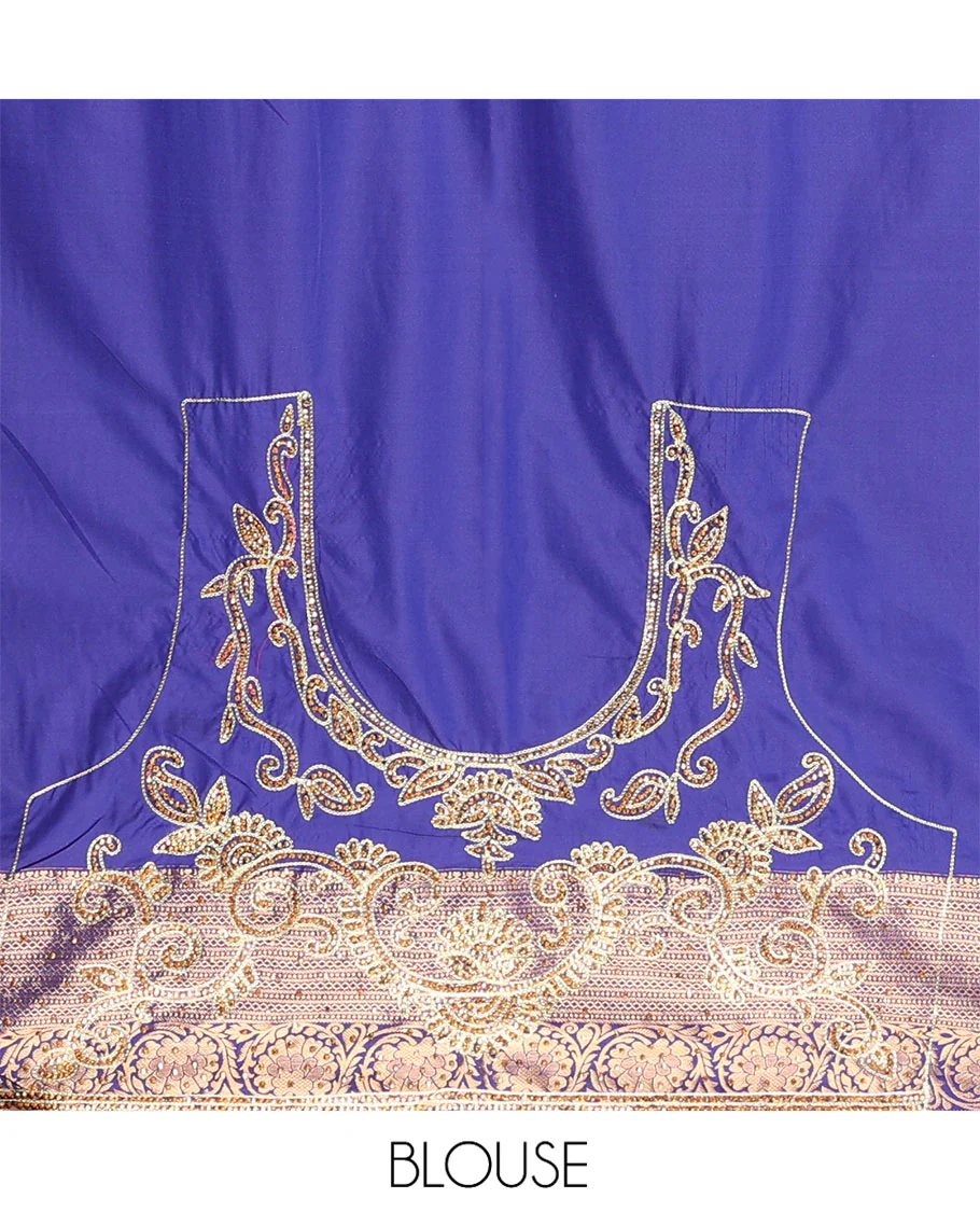 Blue Vastrakala Silk Saree, Artfully Detailed with Jaal Jacquard and Embroidery, Complemented by Traditional Zari and Cut-Embroidered Scallop Border, Grandly Zari and Stone Work Pallu, and Paired with Matching Embroidered Blouse - Image 5