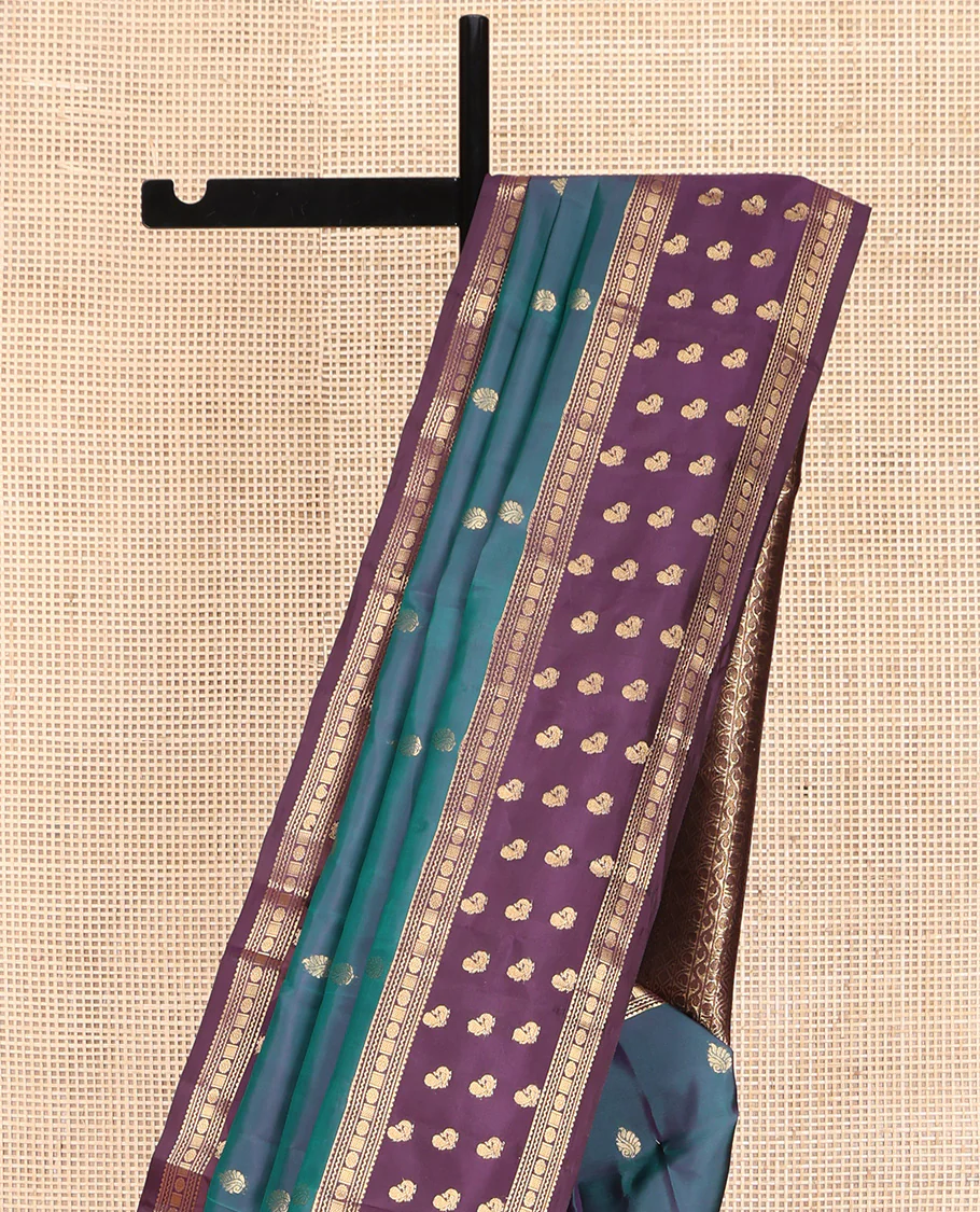 Blue Vasundhara Lite Silk Mix Saree, Accentuated with Zari Buttas on Its Body, Complemented by a Contrast Border of Rekku, Neli, Chakram, and Mayil Designs, Intricately Designed Pallu, and Paired with a Contrast Blouse - Image 3