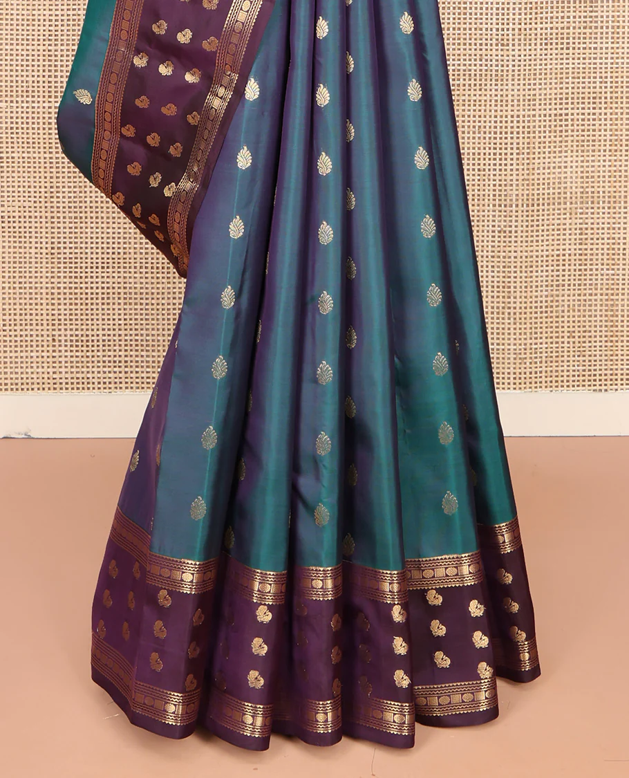Blue Vasundhara Lite Silk Mix Saree, Accentuated with Zari Buttas on Its Body, Complemented by a Contrast Border of Rekku, Neli, Chakram, and Mayil Designs, Intricately Designed Pallu, and Paired with a Contrast Blouse - Image 4