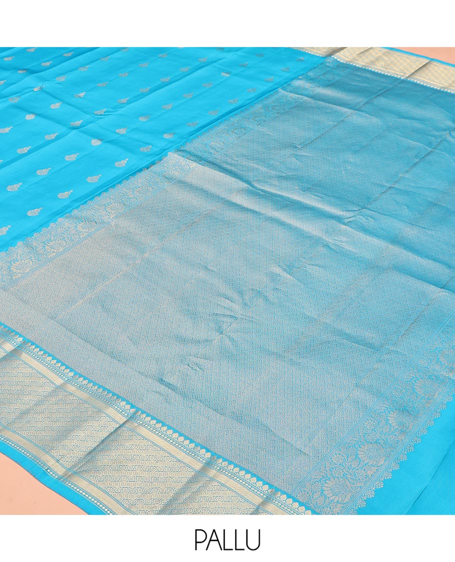 Blue Vasundhara Lite Silk Mix Saree, Adorned with Zari Buttas All Over Its Body, Highlighted by Zari Border of Thilakam Mokku, and Kodi Visiry Designs, Grand Jaal Pallu, and Paired with a Matching Blouse - Image 5