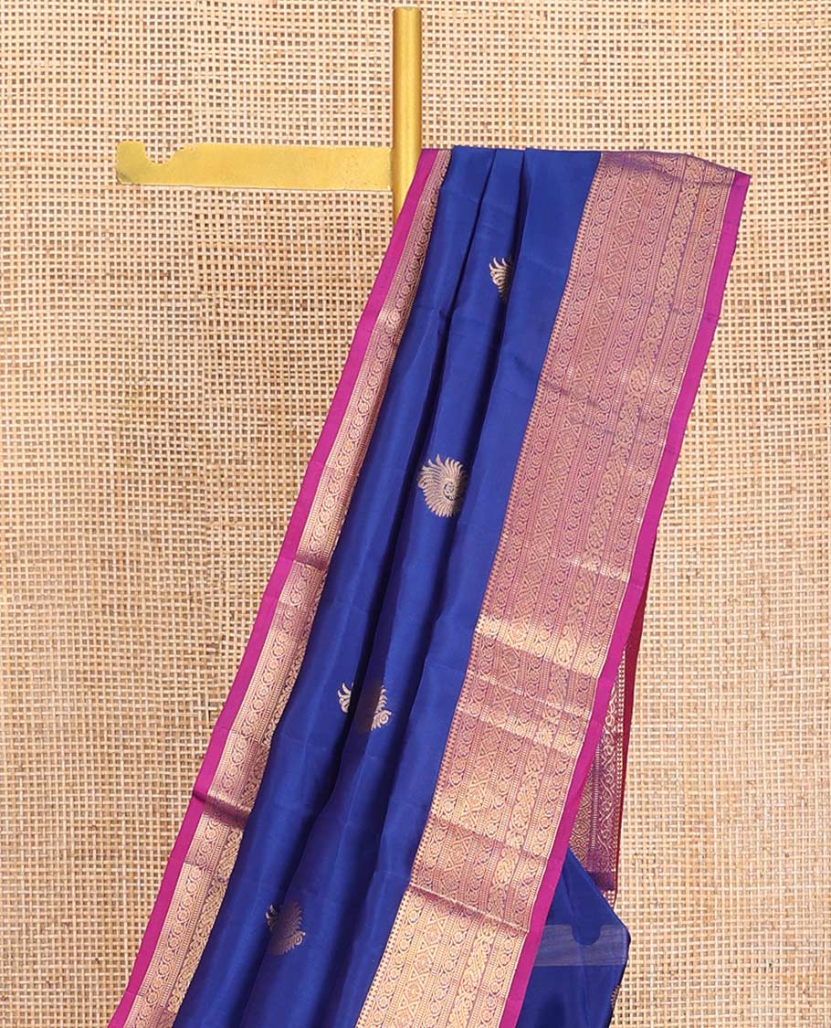 Blue Vasundhara Lite-Silk Mix Saree, Adorned with Zari Buttas, Complemented by Contrast Border Featuring Thilakam Mokku, Kodi Visiry, Muthu, Laddu Kamalam, and Mayil Designs, Grandly Pallu of Scallop Designs, and Paired with a Contrast Blouse - Image 2