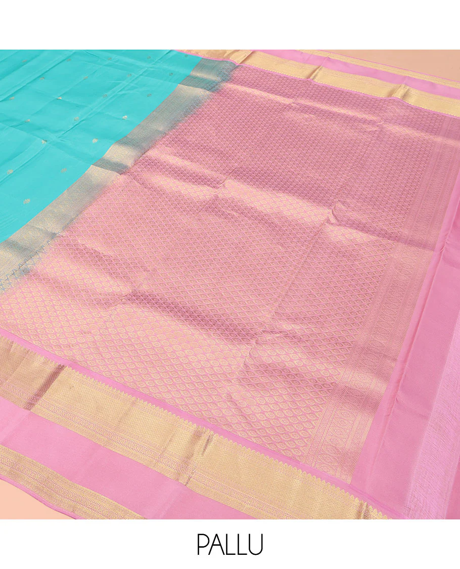 Blue Vasundhara Lite Silk Mix Saree, Adorned with Zari Buttas on Its Body, Complemented by a Contrast Retti Pettu Border of Thilakam, Banaras, Mayil Kann, Muthu, and Kamalam Designs, Pallu Steeped with Feather Motifs, and Paired with a Contrast Blouse - Image 5