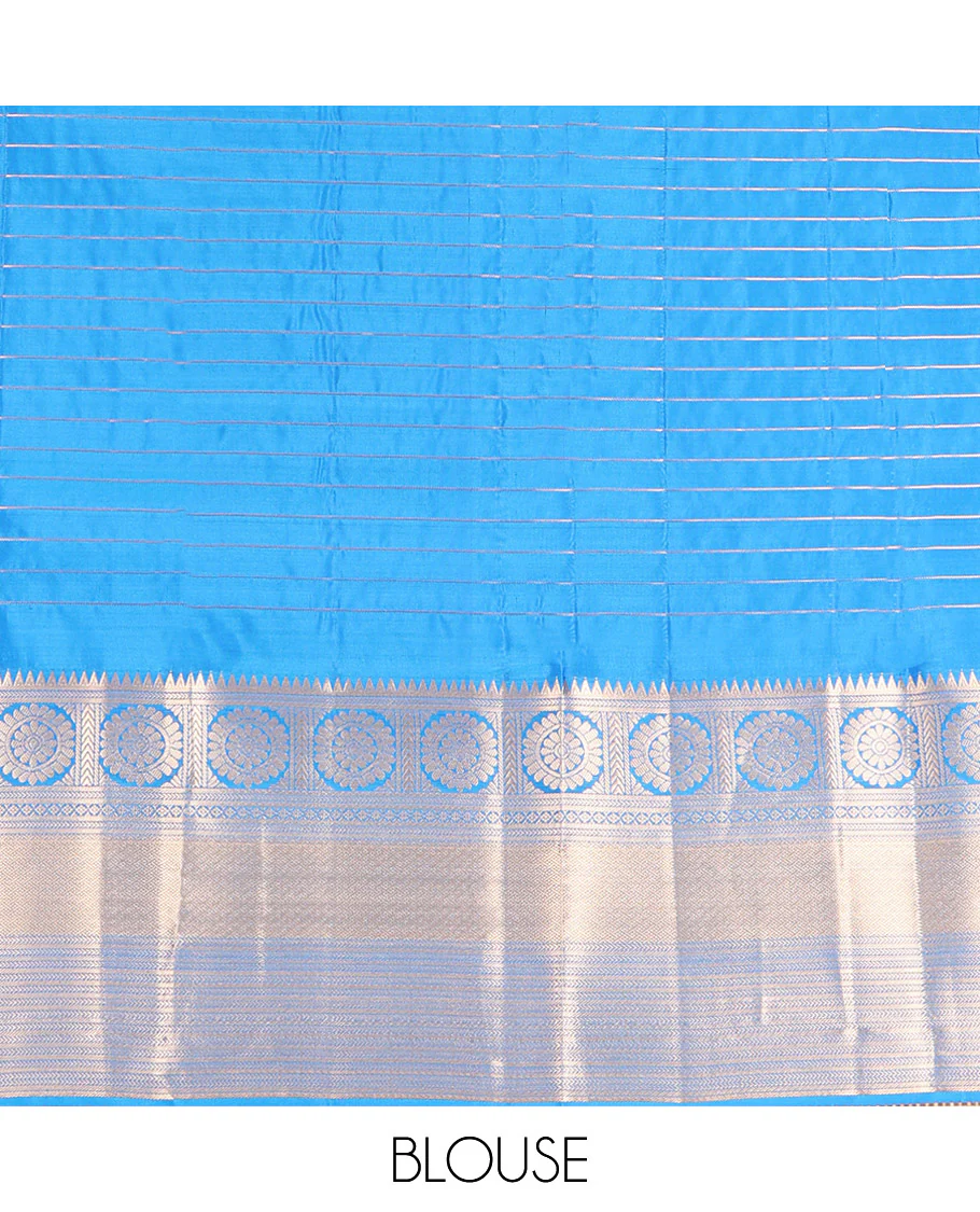 Blue Vasundhara Lite-Silk Mix Saree, Artfully Woven with Snowflake Buttas Enclosed Checks, Highlighted by Zari Border of Rekku, Chakram, Kathir, and Diamond Designs, Gleaming Jaal Pallu, and Paired with a Matching Blouse - Image 6