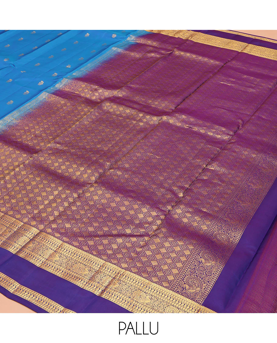 Blue Vasundhara Lite Silk Mix Saree, Detailed with Zari Buttas on Its Body, Complemented by a Contrast Border of Thilakam, Rudraksham, Manga, and Mayil Designs, Grand Pallu, and Paired with a Contrast Blouse - Image 5