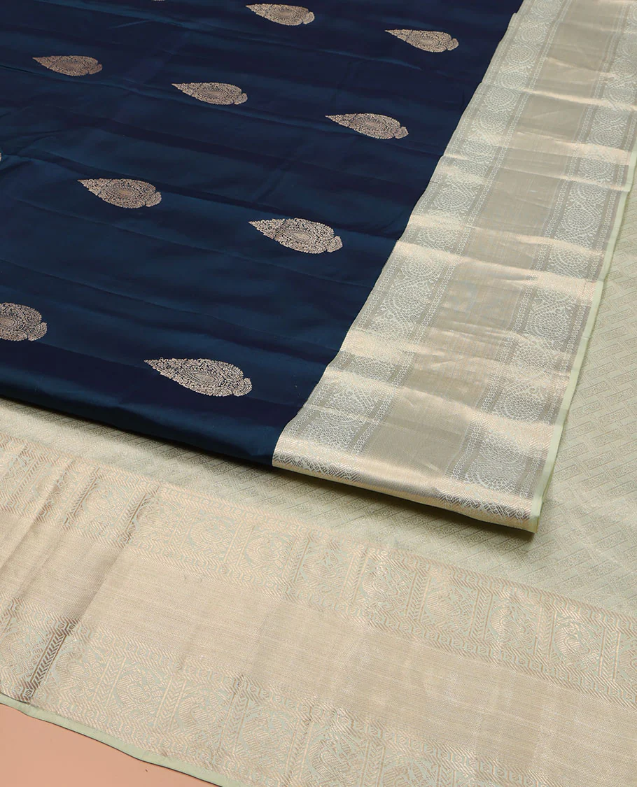 Blue Vasundhara Lite Silk Mix Saree, Elegantly Highlighted with Zari Buttas on Its Body, Complemented by a Contrast Zari Border of Banaras, Paisa, and Mayil Designs, Intricately Designed Pallu, and Paired with a Contrast Blouse - Image 2