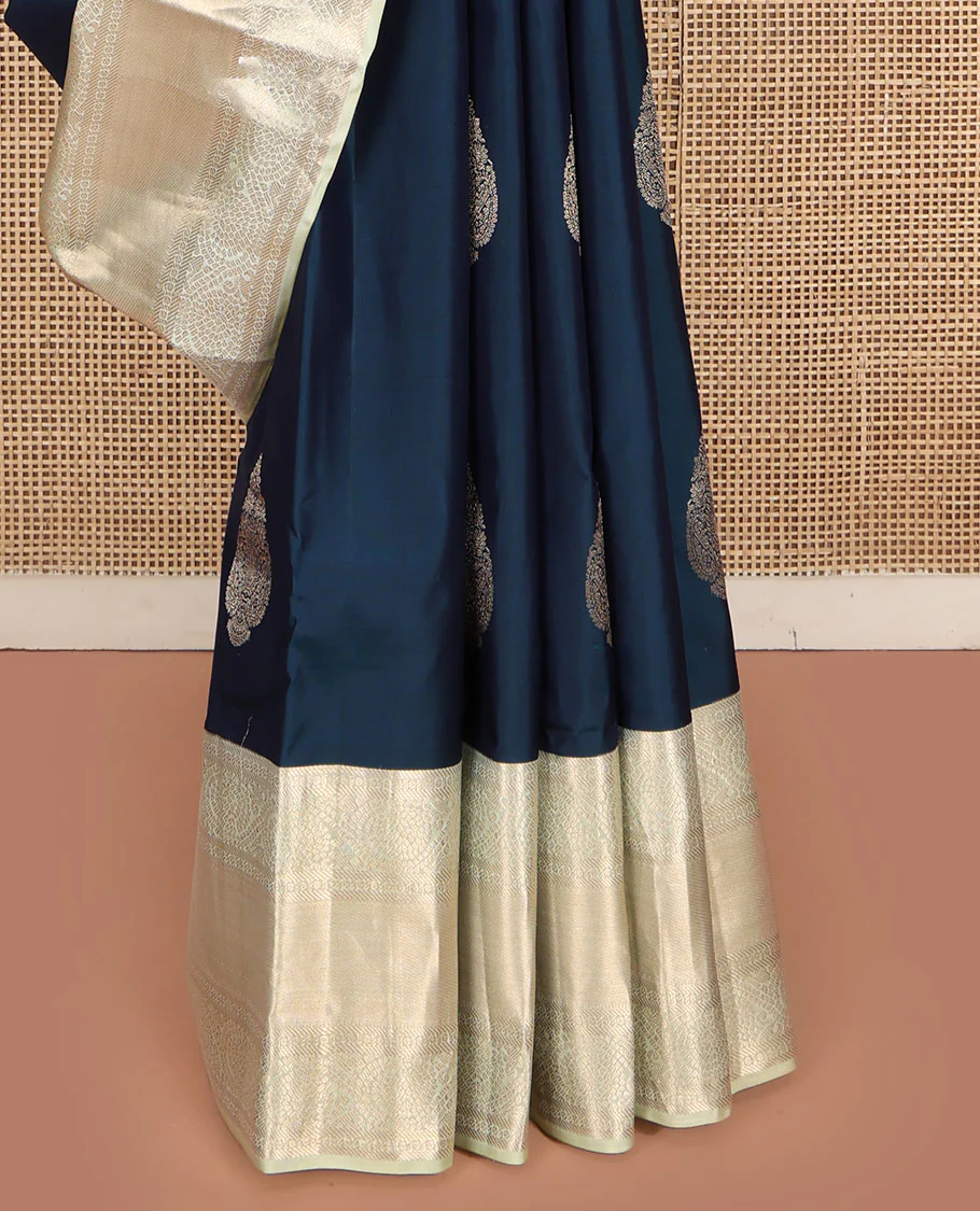 Blue Vasundhara Lite Silk Mix Saree, Elegantly Highlighted with Zari Buttas on Its Body, Complemented by a Contrast Zari Border of Banaras, Paisa, and Mayil Designs, Intricately Designed Pallu, and Paired with a Contrast Blouse - Image 4