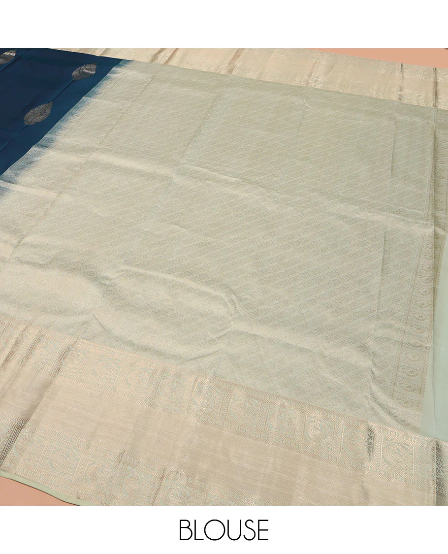 Blue Vasundhara Lite Silk Mix Saree, Elegantly Highlighted with Zari Buttas on Its Body, Complemented by a Contrast Zari Border of Banaras, Paisa, and Mayil Designs, Intricately Designed Pallu, and Paired with a Contrast Blouse - Image 5