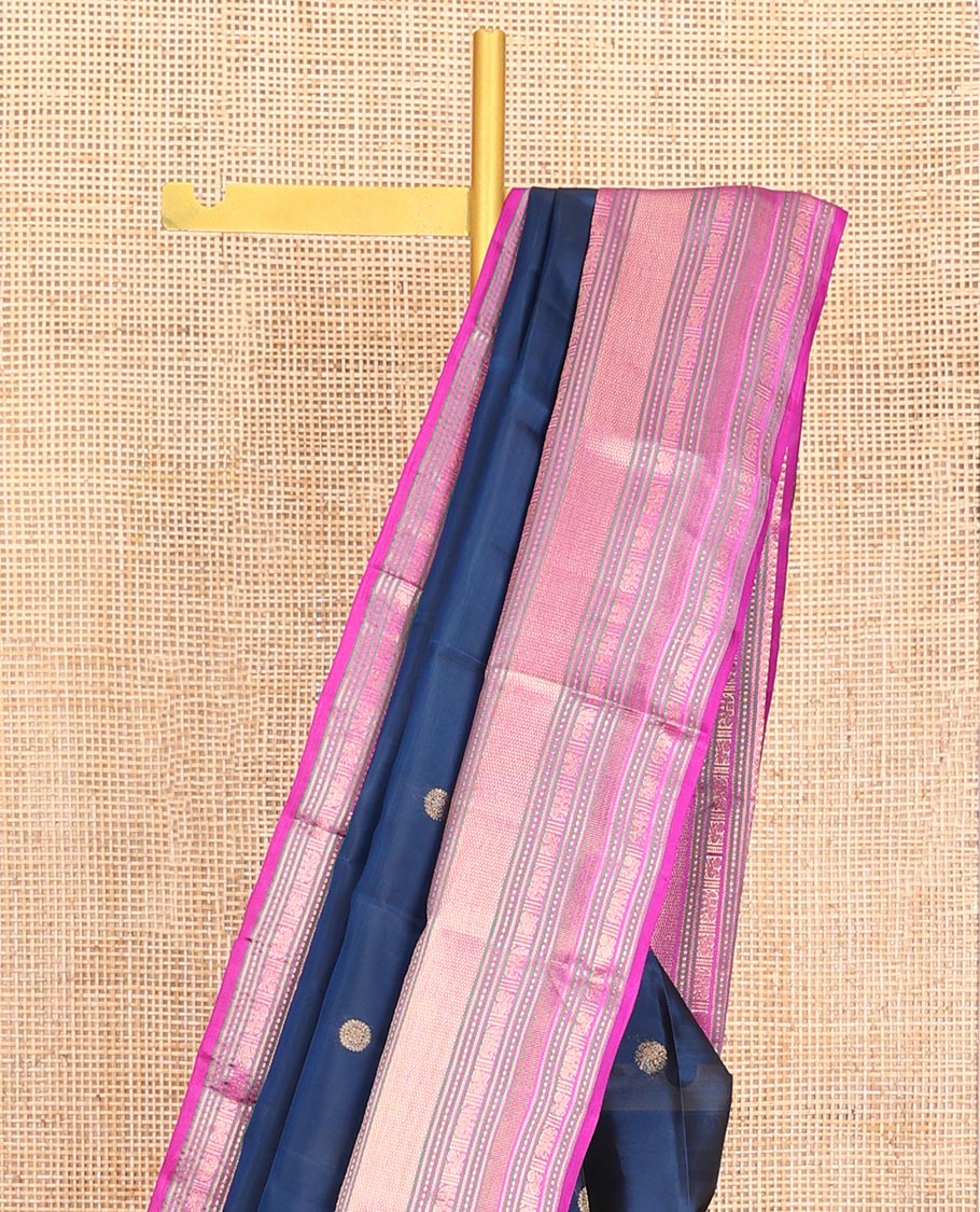 Blue Vasundhara Lite-Silk Mix Saree, Elevated with Chakram Zari Buttas All Over Its Body, Complemented by a Contrast Border of Thilakam Mokku, Banaras, Mayil, Yaanai, and Mayil Kann Designs, Grand Pallu of Jaal Designs, and Paired with a Contrast Blouse - Image 2
