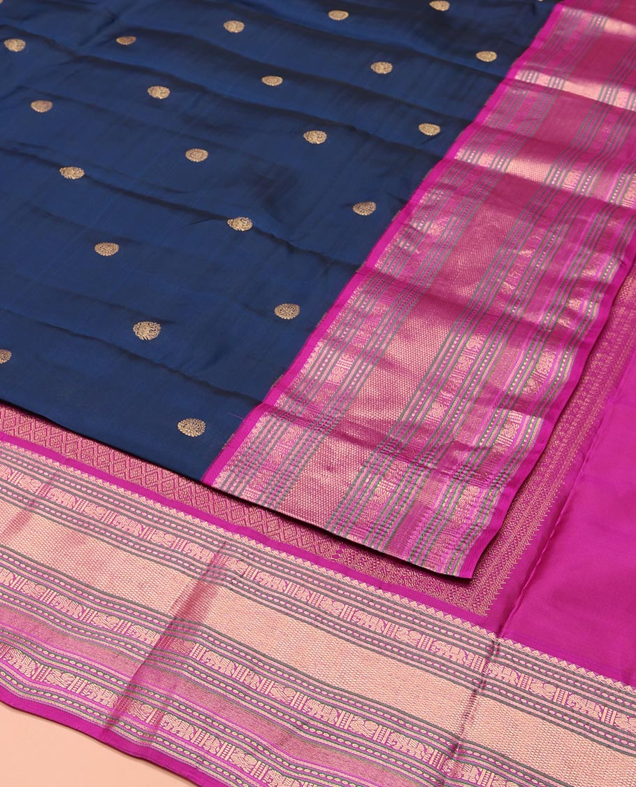 Blue Vasundhara Lite-Silk Mix Saree, Elevated with Chakram Zari Buttas All Over Its Body, Complemented by a Contrast Border of Thilakam Mokku, Banaras, Mayil, Yaanai, and Mayil Kann Designs, Grand Pallu of Jaal Designs, and Paired with a Contrast Blouse - Image 3