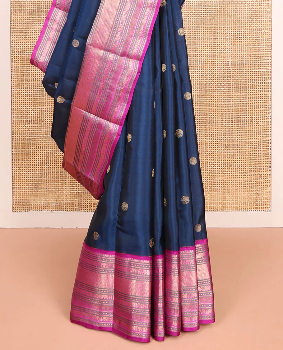 Blue Vasundhara Lite-Silk Mix Saree, Elevated with Chakram Zari Buttas All Over Its Body, Complemented by a Contrast Border of Thilakam Mokku, Banaras, Mayil, Yaanai, and Mayil Kann Designs, Grand Pallu of Jaal Designs, and Paired with a Contrast Blouse - Image 4