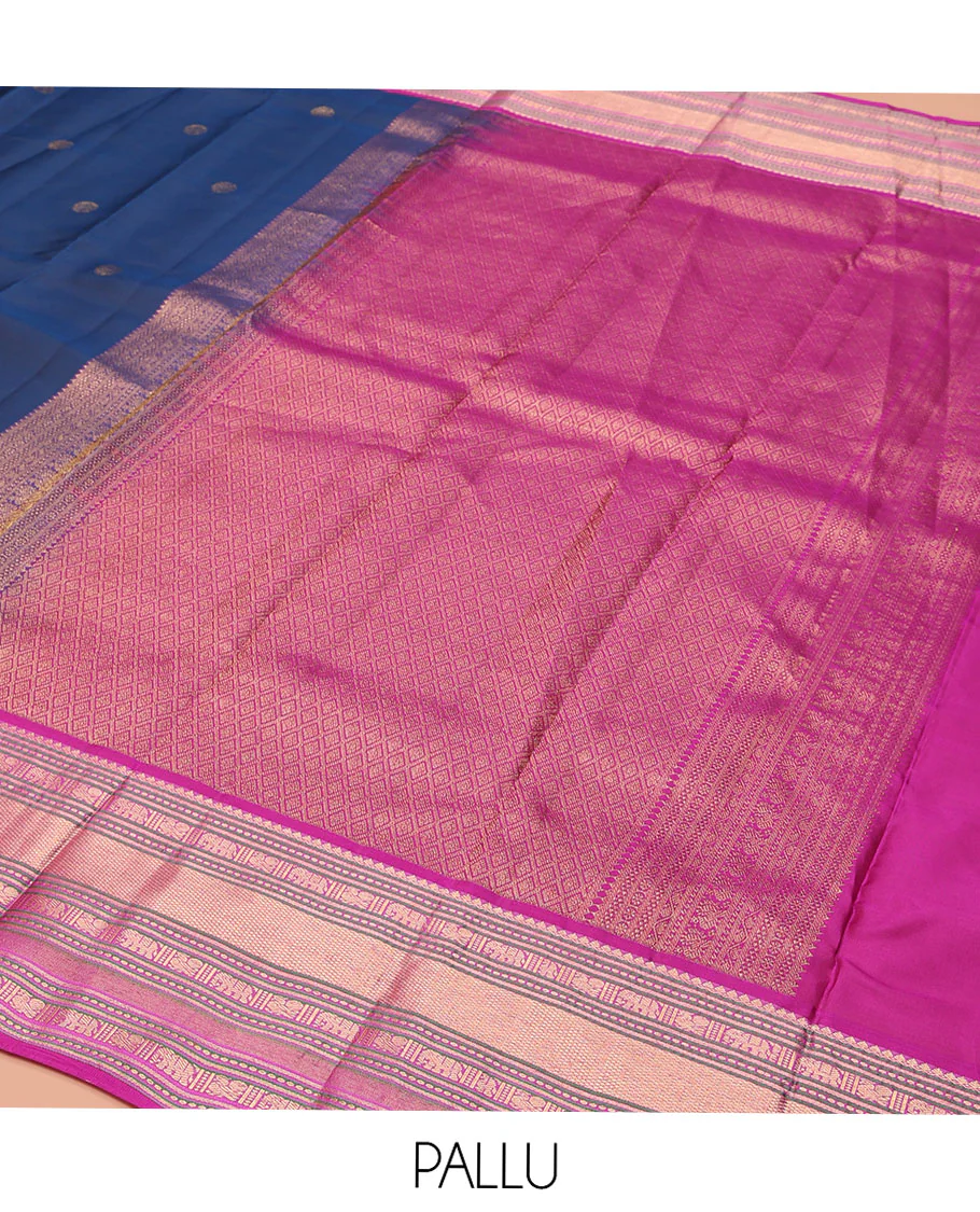 Blue Vasundhara Lite-Silk Mix Saree, Elevated with Chakram Zari Buttas All Over Its Body, Complemented by a Contrast Border of Thilakam Mokku, Banaras, Mayil, Yaanai, and Mayil Kann Designs, Grand Pallu of Jaal Designs, and Paired with a Contrast Blouse - Image 5