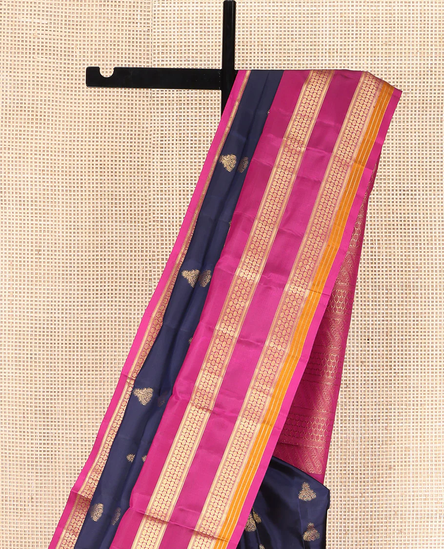 Blue Vasundhara Lite Silk Mix Saree, Elevated with Zari Buttas All Over Its Body, Complemented by a Contrast Border of Manga Mokku, Muthu, and Rudraksham Designs, Gracefully Embellished Pallu, and Paired with a Contrast Blouse - Image 3