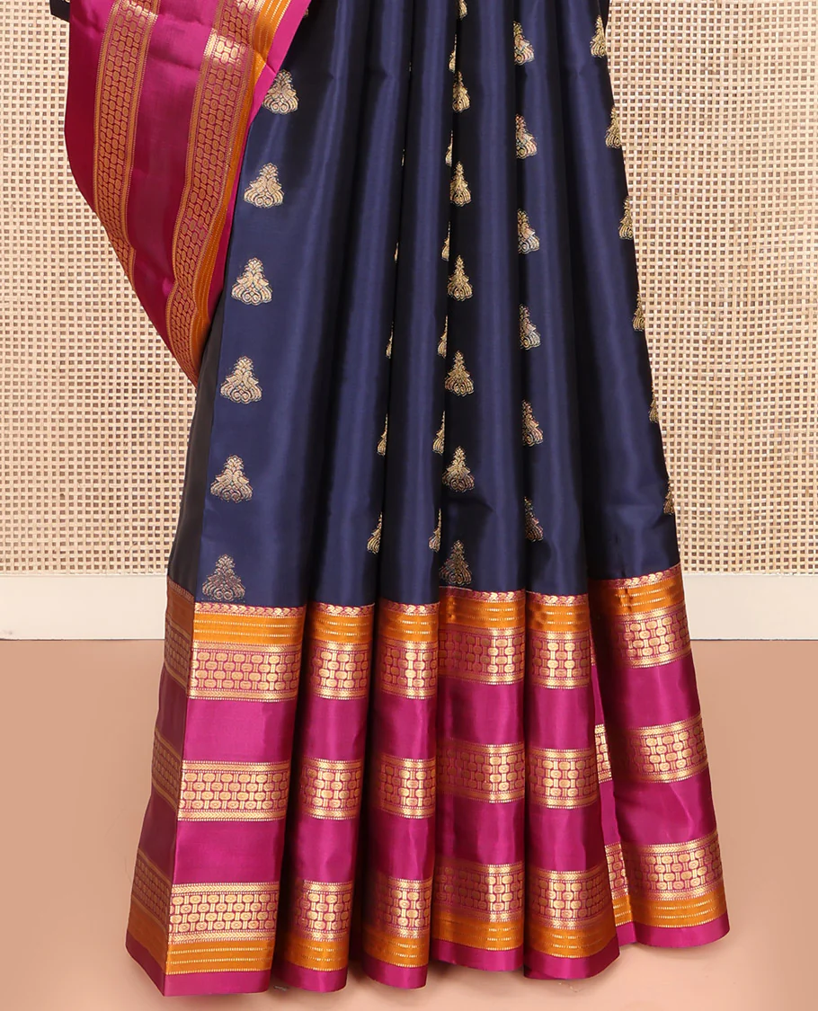Blue Vasundhara Lite Silk Mix Saree, Elevated with Zari Buttas All Over Its Body, Complemented by a Contrast Border of Manga Mokku, Muthu, and Rudraksham Designs, Gracefully Embellished Pallu, and Paired with a Contrast Blouse - Image 4