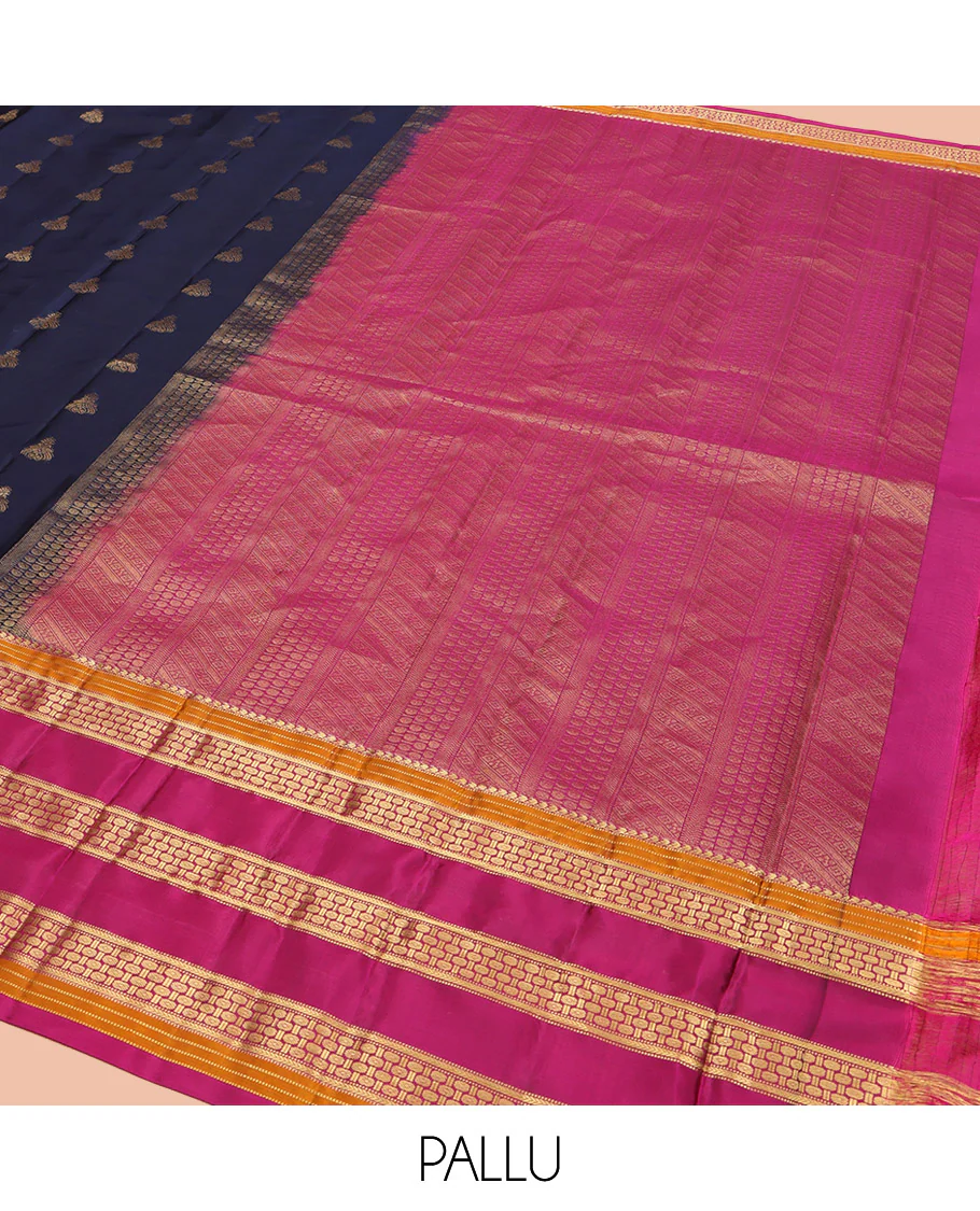 Blue Vasundhara Lite Silk Mix Saree, Elevated with Zari Buttas All Over Its Body, Complemented by a Contrast Border of Manga Mokku, Muthu, and Rudraksham Designs, Gracefully Embellished Pallu, and Paired with a Contrast Blouse - Image 5