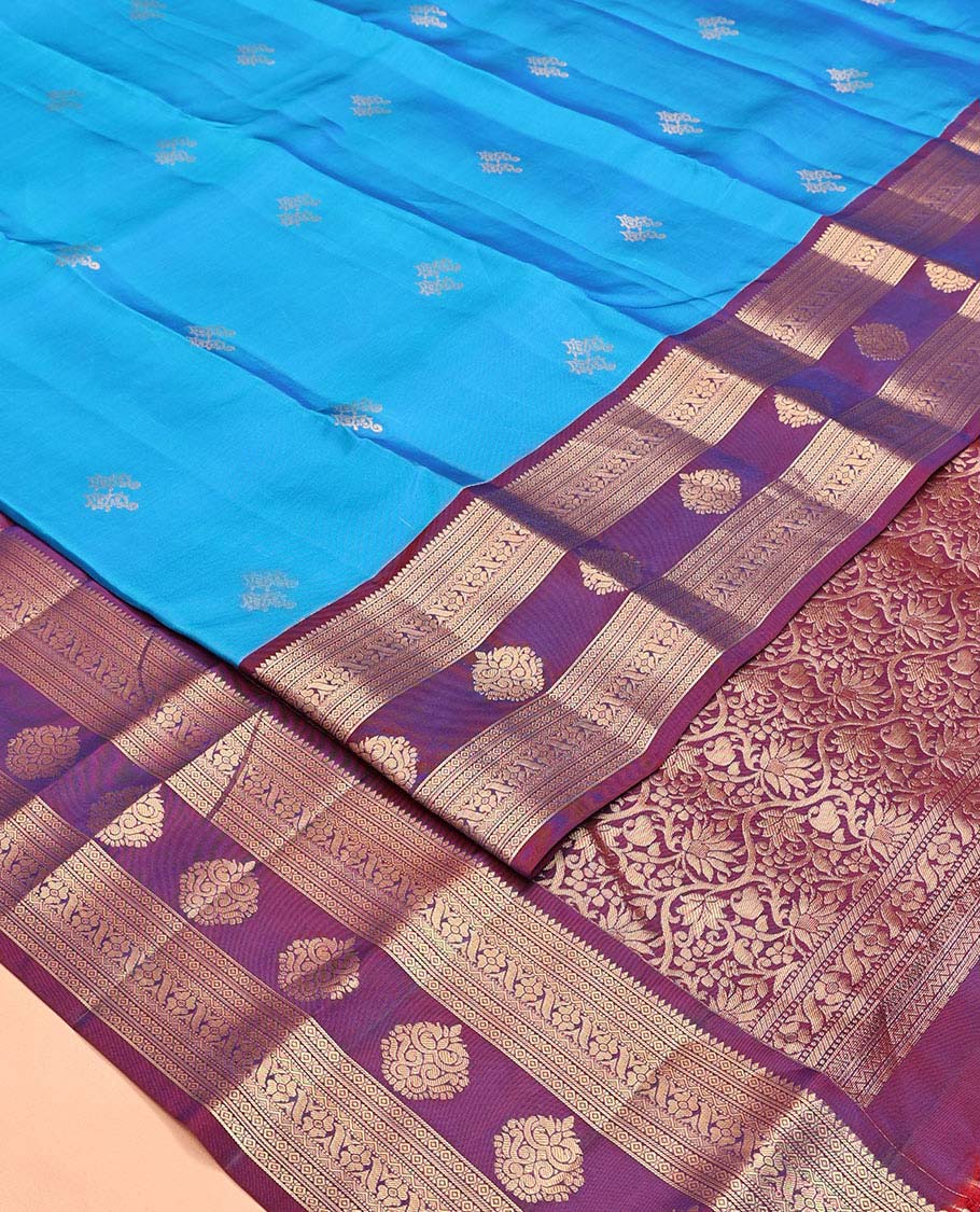 Blue Vasundhara Lite Silk Mix Saree, Elevated with Zari Buttas All Over Its Body, Complemented by a Contrast Border of Rekku, Diamond, Cross Kamalam and Zari Designs, Grand Floral Design Pallu, and Paired with a Contrast Blouse - Image 2