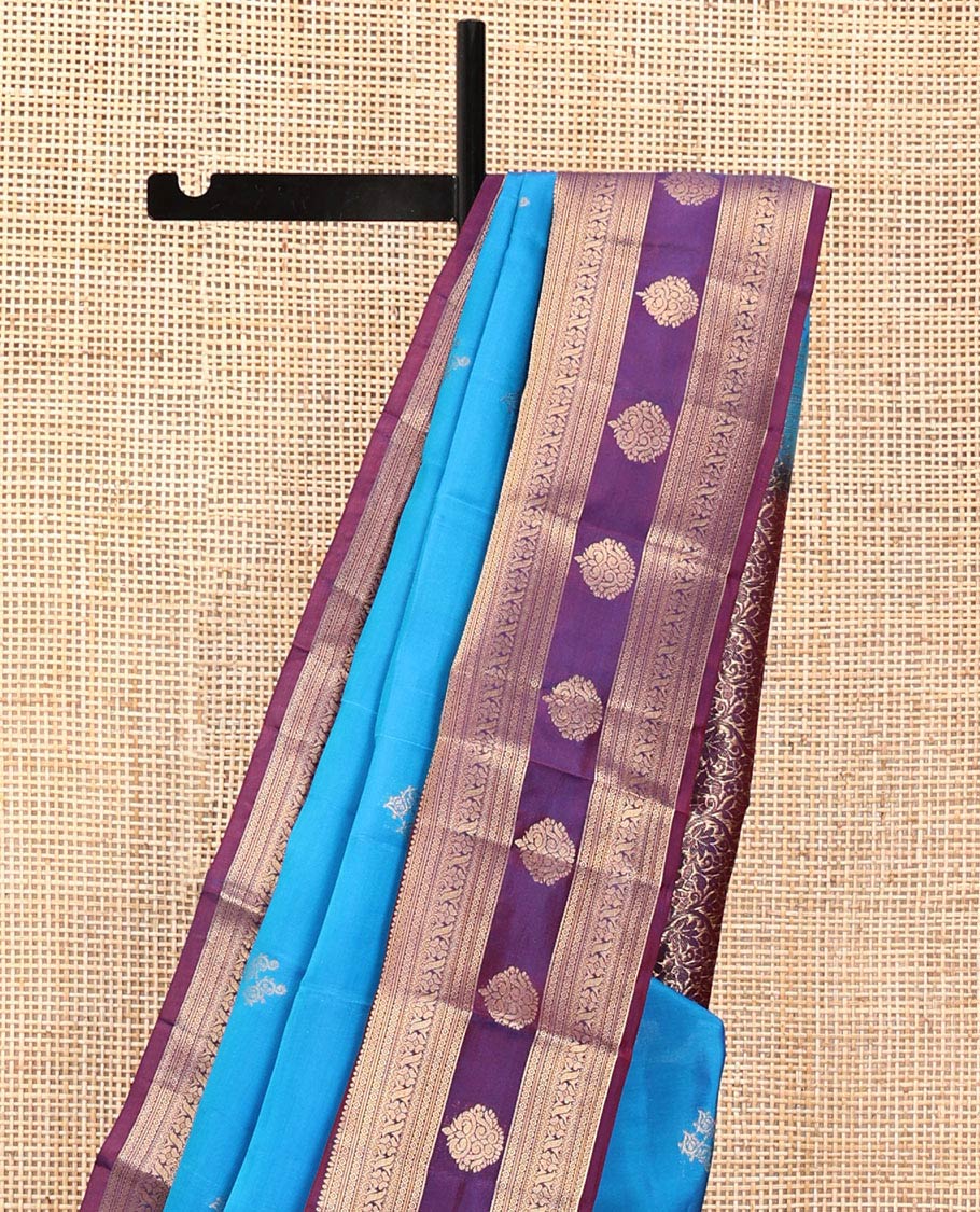 Blue Vasundhara Lite Silk Mix Saree, Elevated with Zari Buttas All Over Its Body, Complemented by a Contrast Border of Rekku, Diamond, Cross Kamalam and Zari Designs, Grand Floral Design Pallu, and Paired with a Contrast Blouse - Image 3