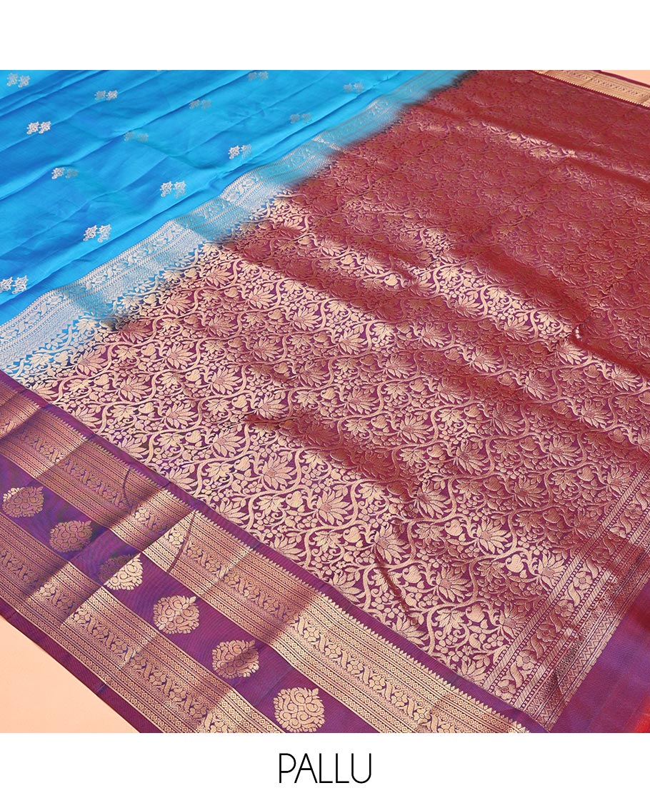 Blue Vasundhara Lite Silk Mix Saree, Elevated with Zari Buttas All Over Its Body, Complemented by a Contrast Border of Rekku, Diamond, Cross Kamalam and Zari Designs, Grand Floral Design Pallu, and Paired with a Contrast Blouse - Image 5