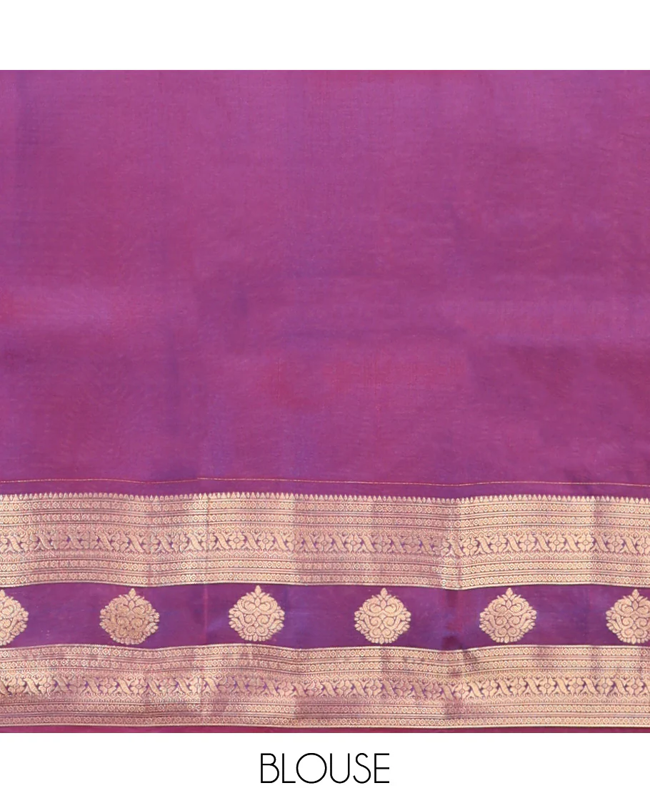Blue Vasundhara Lite Silk Mix Saree, Elevated with Zari Buttas All Over Its Body, Complemented by a Contrast Border of Rekku, Diamond, Cross Kamalam and Zari Designs, Grand Floral Design Pallu, and Paired with a Contrast Blouse - Image 6